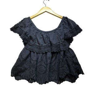 American Eagle Outfitters Women Blouse Small Black Eyelet Lace Off-Shoulder Boho